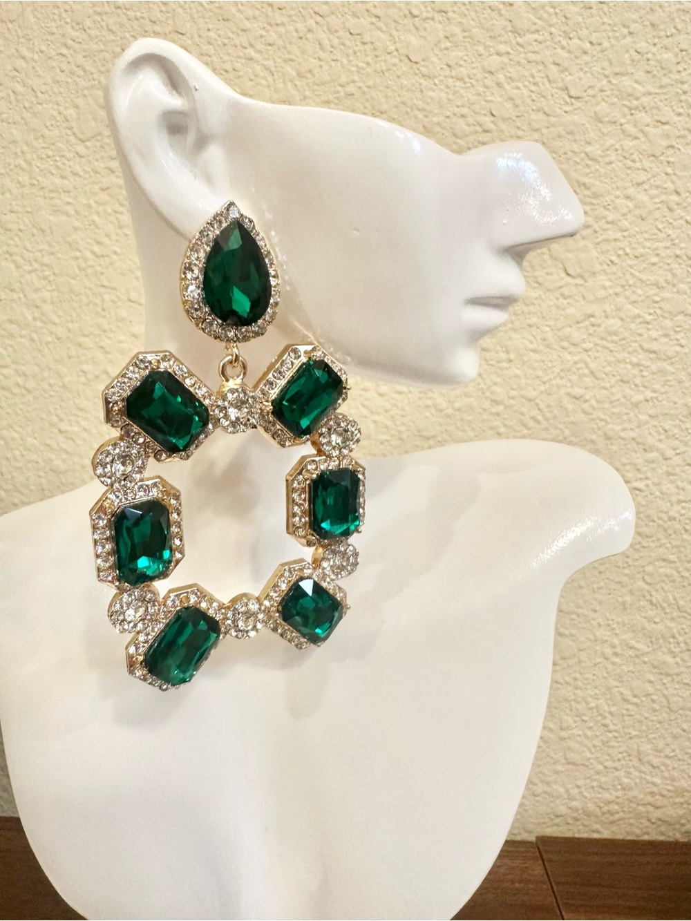 Fashion Jewelry Gold-Tone Emerald Green Crystal Hoop Drop Earrings